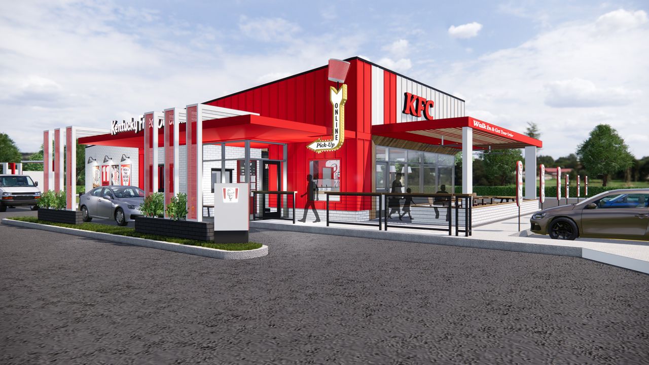 KFC's new design has an outdoor dining area. (Rendering/Nelson Worldwide)