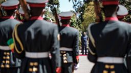 Abiy Ahmed (2nd L), Prime Minister of Ethiopia, is seen among members of a military band during an event to honour the national defence forces in Addis Ababa, on November 17, 2020. - The United Nations on November 17, 2020 expressed alarm at the "large-scale humanitarian crisis" developing on the border between Sudan and Ethiopia, where thousands of people are fleeing the ongoing fighting in northern Tigray every day. (Photo by EDUARDO SOTERAS / AFP) (Photo by EDUARDO SOTERAS/AFP via Getty Images)