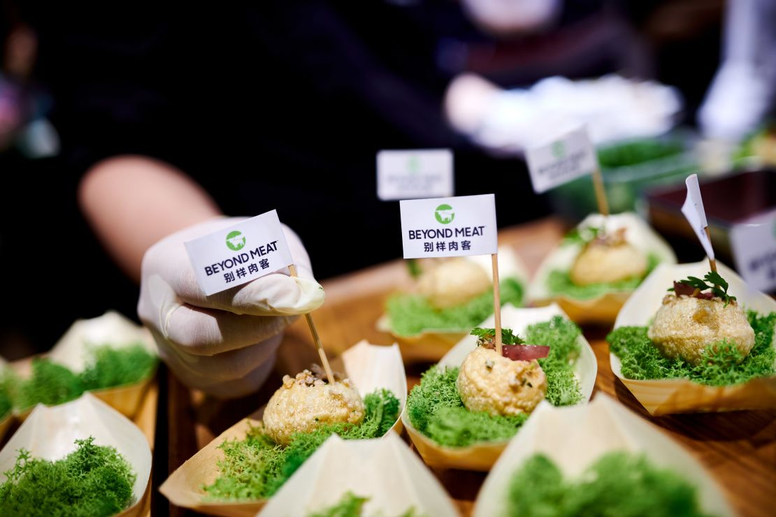 Beyond Meat serving its new crunchy pork "bite" at a tasting in China on Wednesday. 