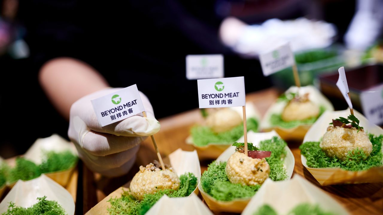 Beyond Meat serving its new crunchy pork "bite" at a tasting in China on Wednesday. 