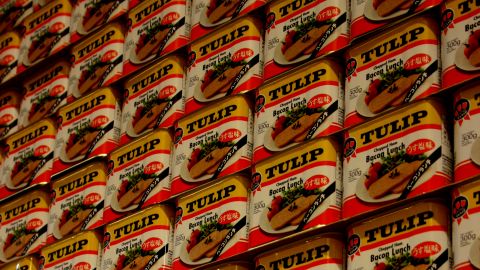 Cans of Tulip Pork Luncheon Meat seen at a Danish Crown plant in Vejle, Denmark.