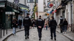 French Gendarmes patrol in Montmartre, on November 14, 2020 in Paris, as France is on a lockdown to tackle the spread of the Covid-19 pandemic caused by the novel coronavirus. 