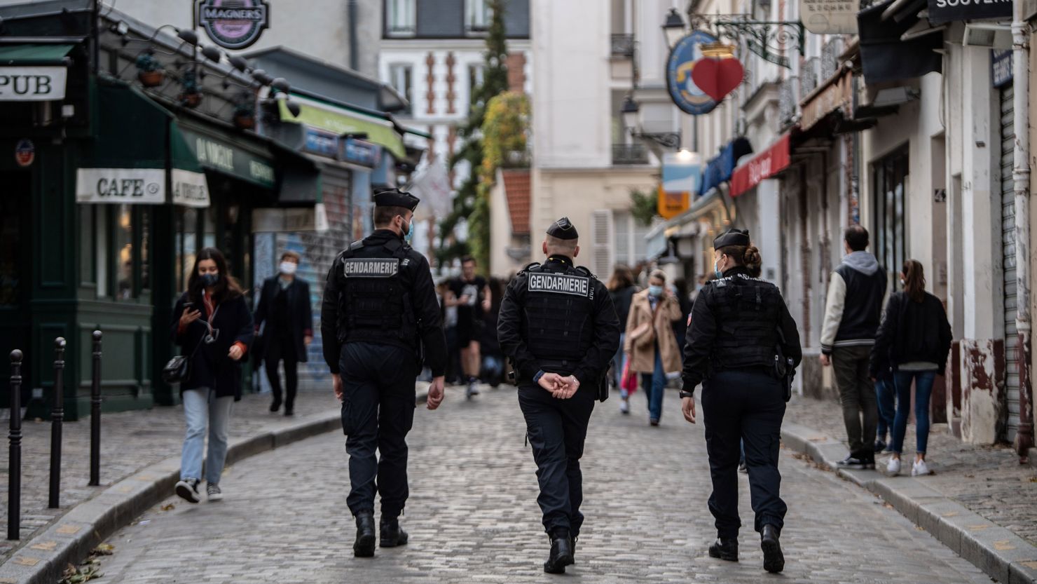 French Gendarmes patrol Paris during the country's lockdown earlier this month.