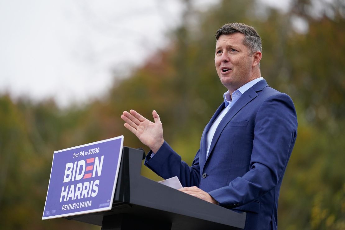 Former Rep. Patrick Murphy, D-Pa., speaks during a campaign event for Democratic presidential candidate former Vice President Joe Biden at Bucks County Community College, Saturday, October 24, 2020, in Bristol, Pennsylvania.