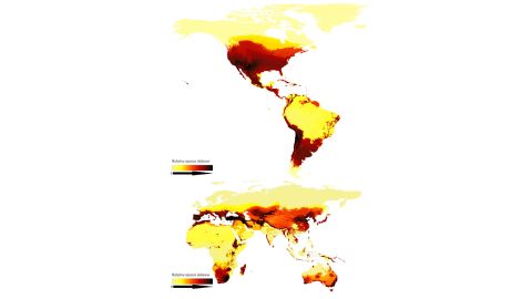 This map shows modeled relative number of different of bee species around the world and depicts the bimodal latitudinal gradient. Darker areas have more species.