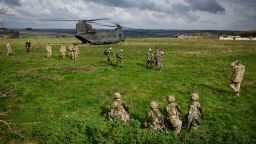 A CH-47 helicopter carries senior military personnel around the active area on the Ministry of Defence training area on Salisbury Plain, on October 14