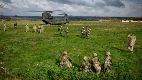 A CH-47 helicopter carries senior military personnel around the active area on the Ministry of Defence training area on Salisbury Plain, on October 14