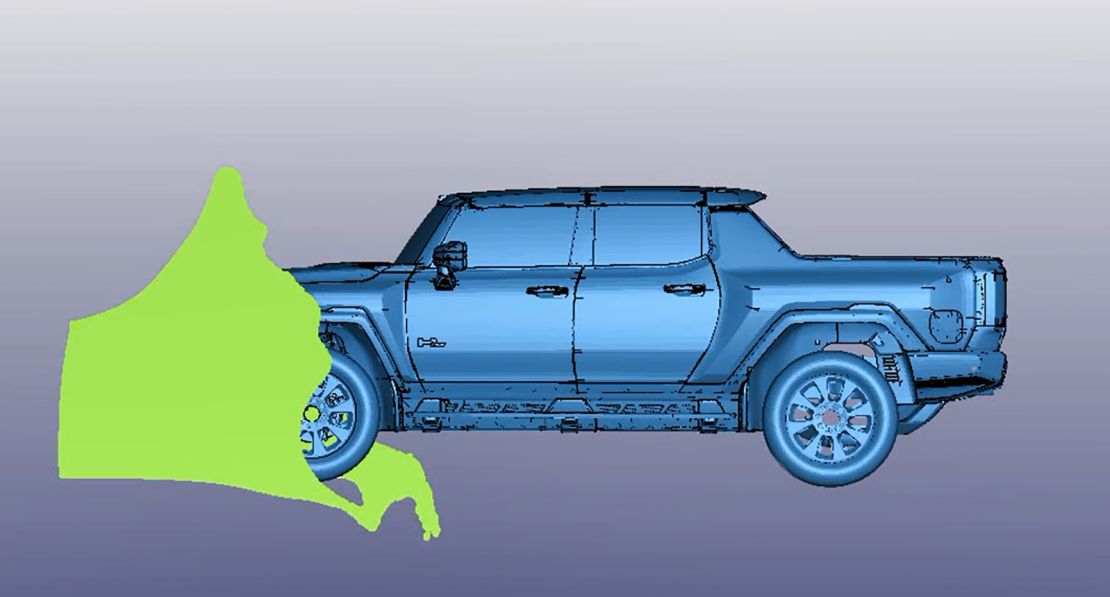 A computer model of the Hummer EV was used to test the truck's water fording capability. The green shape indicates water flowing over the front of the vehicle.