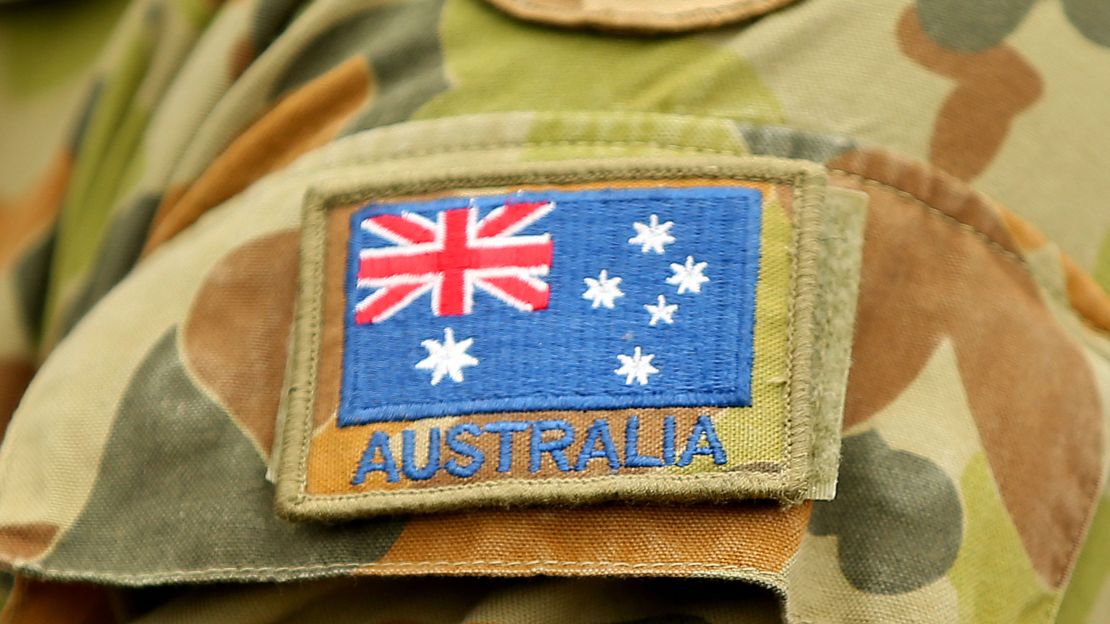 A detail of the flag of Australia on an Australian Army soldier on May 09, 2019, in Seymour, Australia.