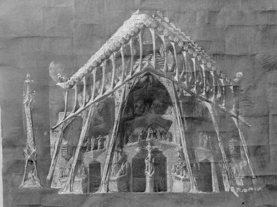 Antoni Gaudí's original sketch of the "Passion" façade with complex upper level arcade of bone-like columns.