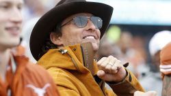 AUSTIN, TX - NOVEMBER 29:  Actor Matthew McConaughey celebrates on the Texas Longhorns sideline in the second half against the Texas Tech Red Raiders at Darrell K Royal-Texas Memorial Stadium on November 29, 2019 in Austin, Texas.  (Photo by Tim Warner/Getty Images)