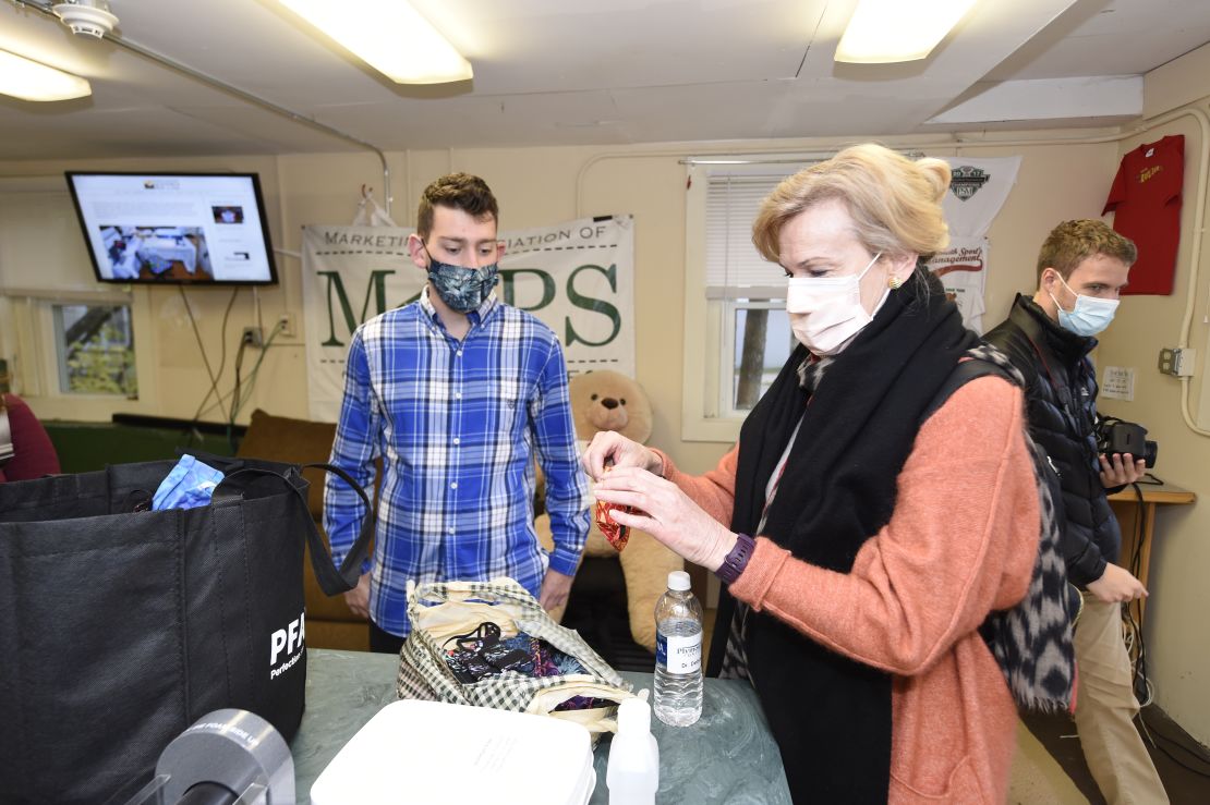 Dr. Deborah Birx talked to students about the masks they were making at Plymouth State.