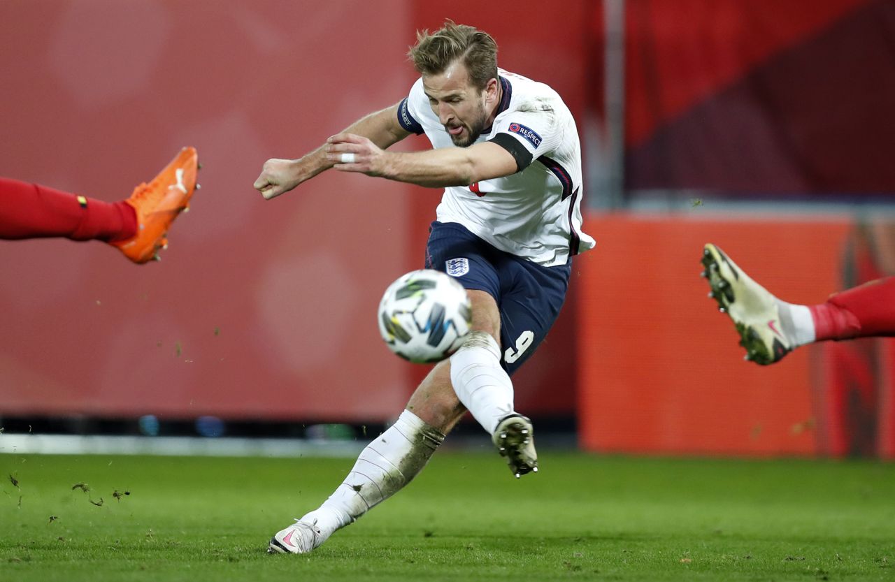 England's Harry Kane takes a shot during the UEFA Nations League soccer match between Belgium and England at the King Power stadium in Leuven, Belgium, on Sunday, November 15.