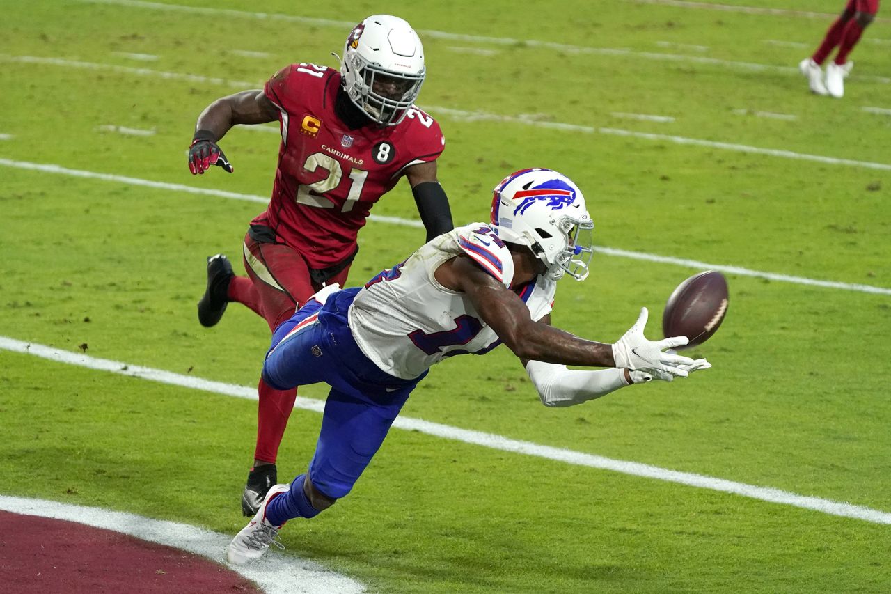 Buffalo Bills wide receiver Stefon Diggs catches a touchdown pass during an NFL football game against the Arizona Cardinals on Sunday, November 15, in Glendale, Arizona. The Cardinals won 32-30.