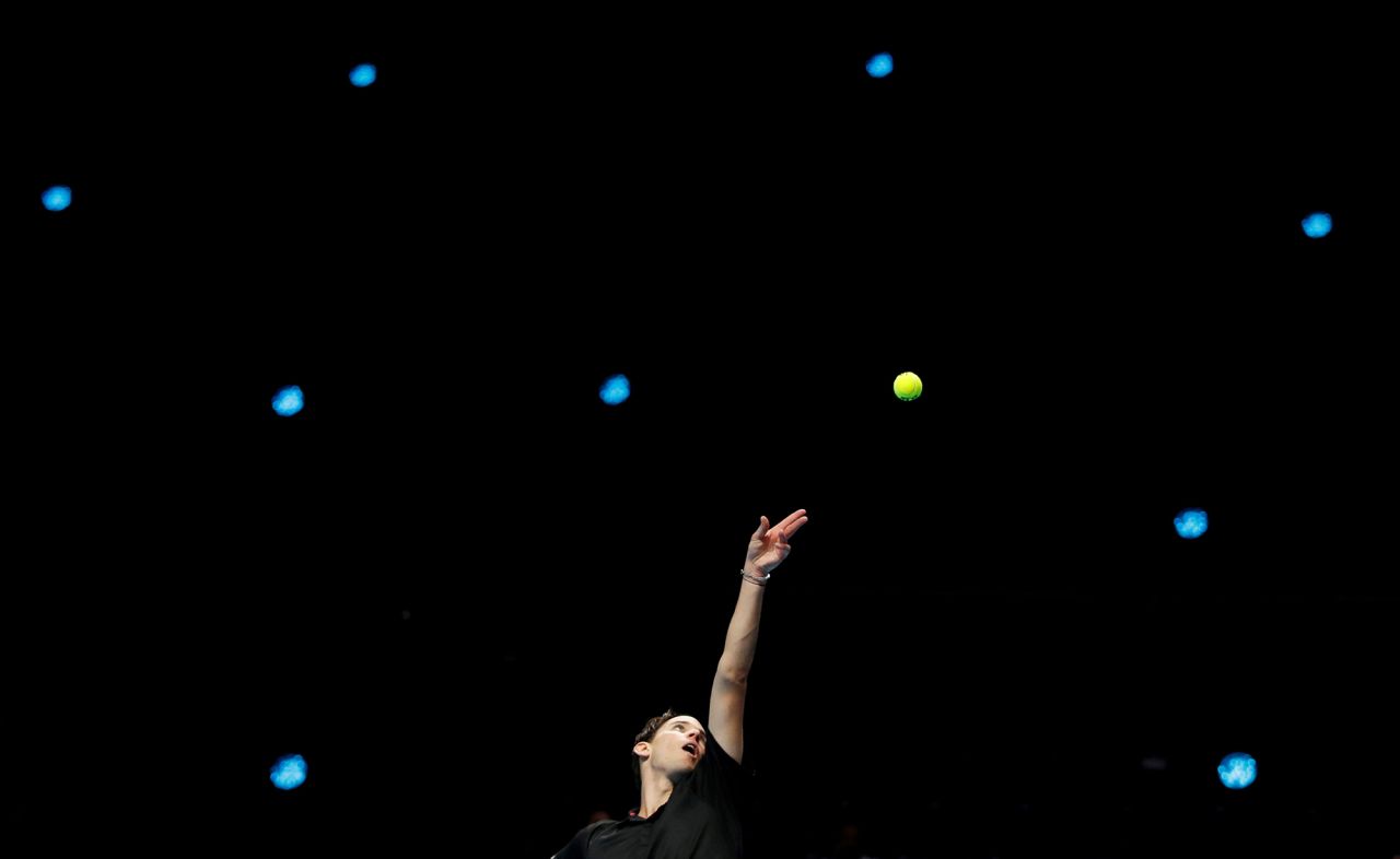Austria's Dominic Thiem serves during a match against Greece's Stefanos Tsitsipas on Sunday, November 15, in London.