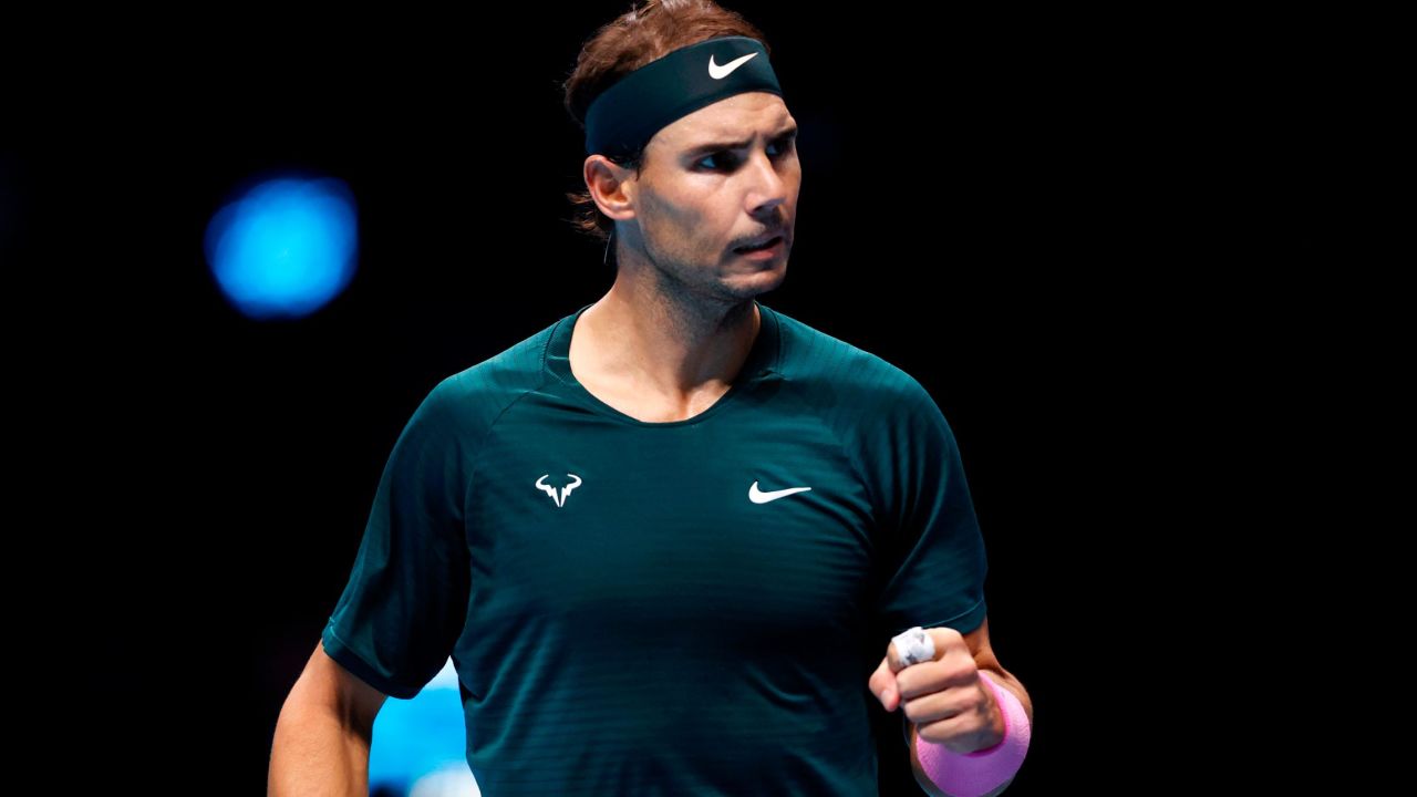 LONDON, ENGLAND - NOVEMBER 19: Rafael Nadal of Spain celebrates a point during his match against Stefanos Tsitsipas of Greece during their third round robin match on Day Five of the Nitto ATP World Tour Finals at The O2 Arena on November 19, 2020 in London, England. (Photo by Clive Brunskill/Getty Images)