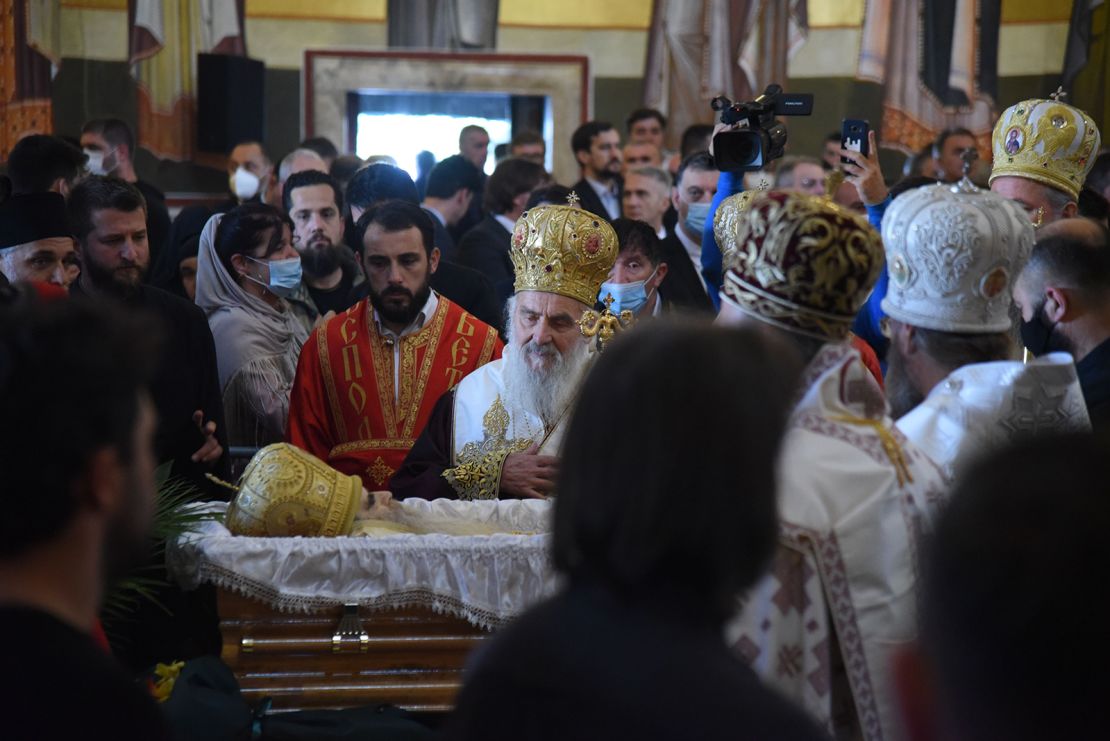 Patriarch Irinej pays respect to the Serbian Orthodox Church Bishop Amfilohije Radović  at his funeral in Podgorica, Montenegro on November 1. 