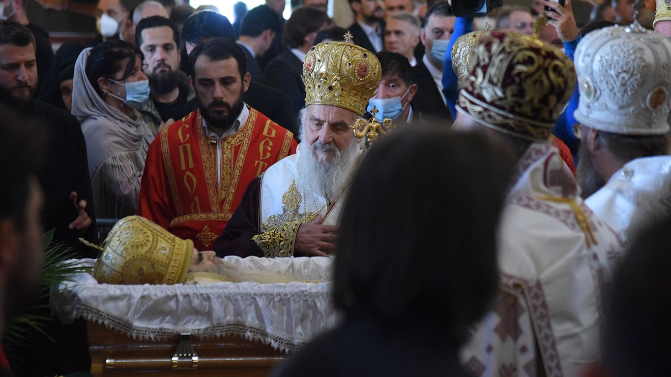 Patriarch Irinej pays respect to the Serbian Orthodox Church Bishop Amfilohije Radović  at his funeral in Podgorica, Montenegro on November 1. 