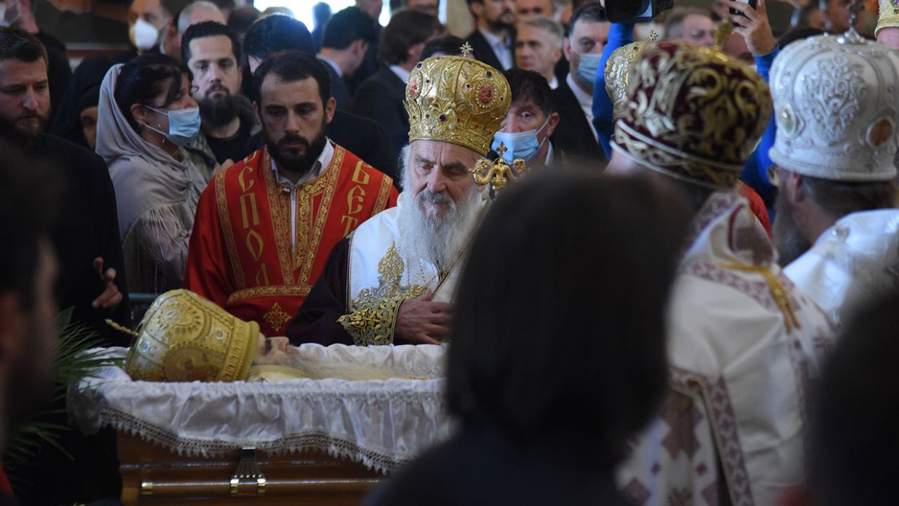 Patriarch Irinej pays respect to the Serbian Orthodox Church Bishop Amfilohije Radović at his funeral in Podgorica, Montenegro on November 1.