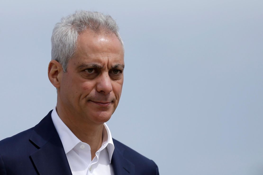 In this April 22, 2019 photo, Chicago Mayor Rahm Emanuel waves as he arrives at a news conference outside of the south air traffic control tower at O'Hare International Airport in Chicago.