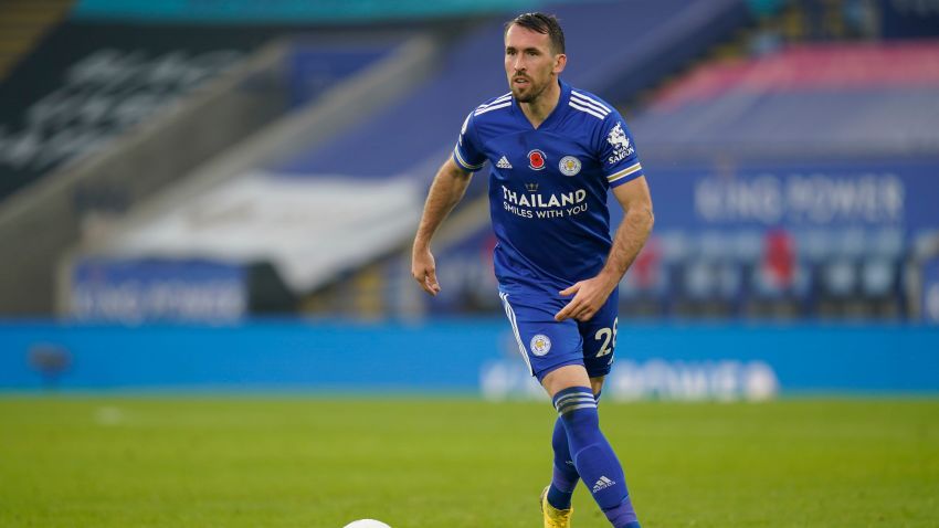 Leicester City's Austrian defender Christian Fuchs runs with the ball during the English Premier League football match between Leicester City and Wolverhampton Wanderers at King Power Stadium in Leicester, central England on November 8, 2020. (Photo by Tim Keeton / POOL / AFP) / RESTRICTED TO EDITORIAL USE. No use with unauthorized audio, video, data, fixture lists, club/league logos or 'live' services. Online in-match use limited to 120 images. An additional 40 images may be used in extra time. No video emulation. Social media in-match use limited to 120 images. An additional 40 images may be used in extra time. No use in betting publications, games or single club/league/player publications. /  (Photo by TIM KEETON/POOL/AFP via Getty Images)