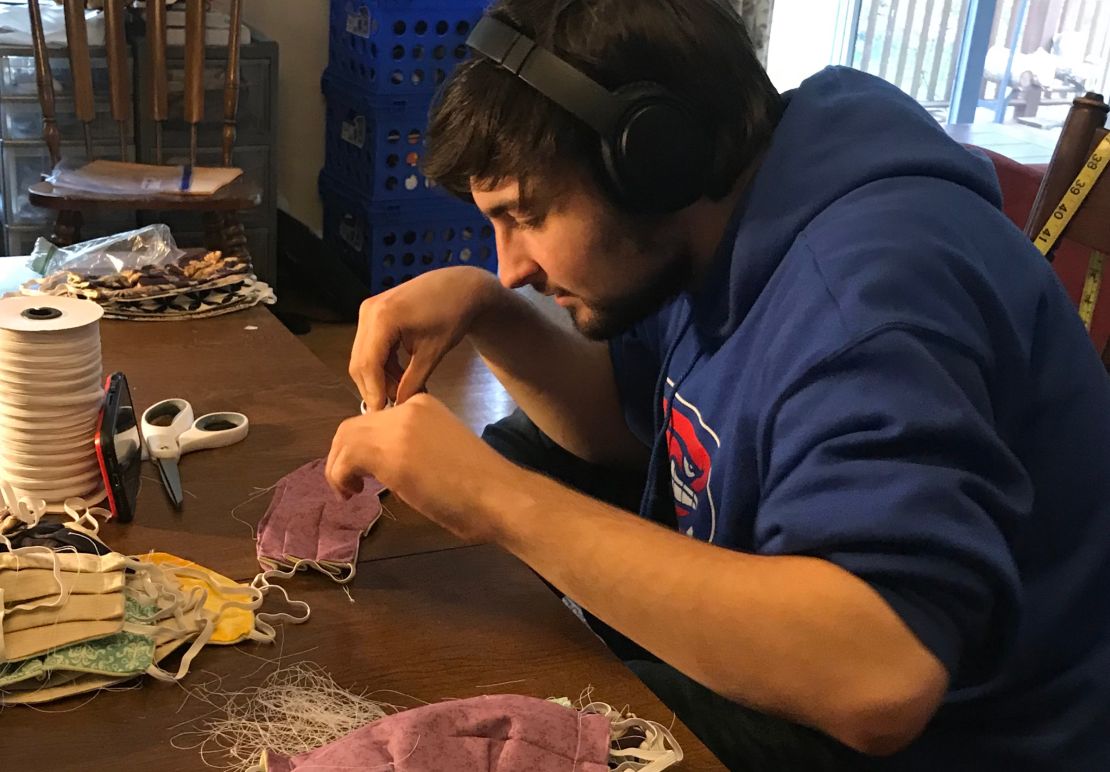 Walter Hebert, Sharon's son, hard at work on the masks