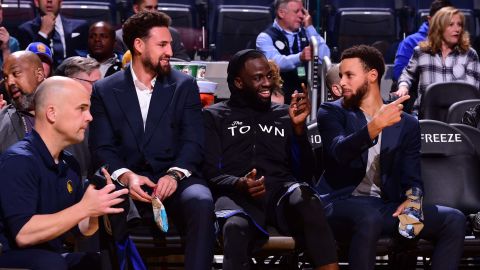 Thompson, Draymond Green and Steph Curry (l-r) will not play together until at least the 2021-22 NBA season.