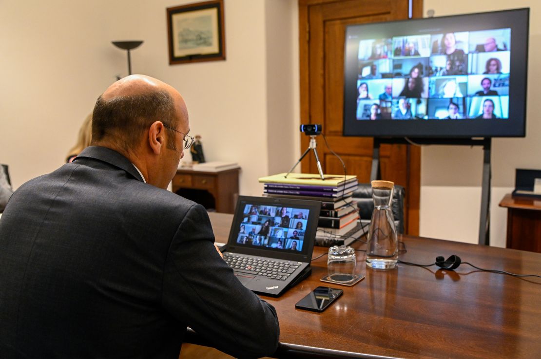 Portuguese Minister of State, Economy and Digital Transition, Pedro Siza Vieira, meets via Zoom video conference with members of the Portuguese Foreign Press Association AIEP to discuss the government's economic response to the coronavirus pandemic. (Horacio Villalobos/Corbis/Getty Images)