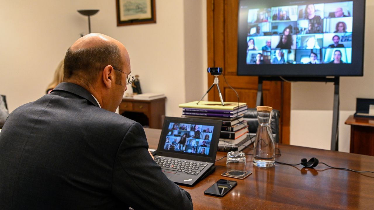 Portuguese Minister of State, Economy and Digital Transition, Pedro Siza Vieira, meets via Zoom video conference with members of the Portuguese Foreign Press Association AIEP to discuss the government's economic response to the coronavirus pandemic. (Horacio Villalobos/Corbis/Getty Images)