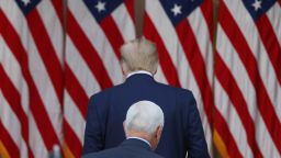 WASHINGTON, DC - NOVEMBER 13: U.S. President Donald Trump and Vice President Mike Pence walk away after speaking about Operation Warp Speed in the Rose Garden at the White House on November 13, 2020 in Washington, DC. The is the first time President Trump has spoken since election night last week, as COVID-19 infections surge in the United States. (Photo by Tasos Katopodis/Getty Images)