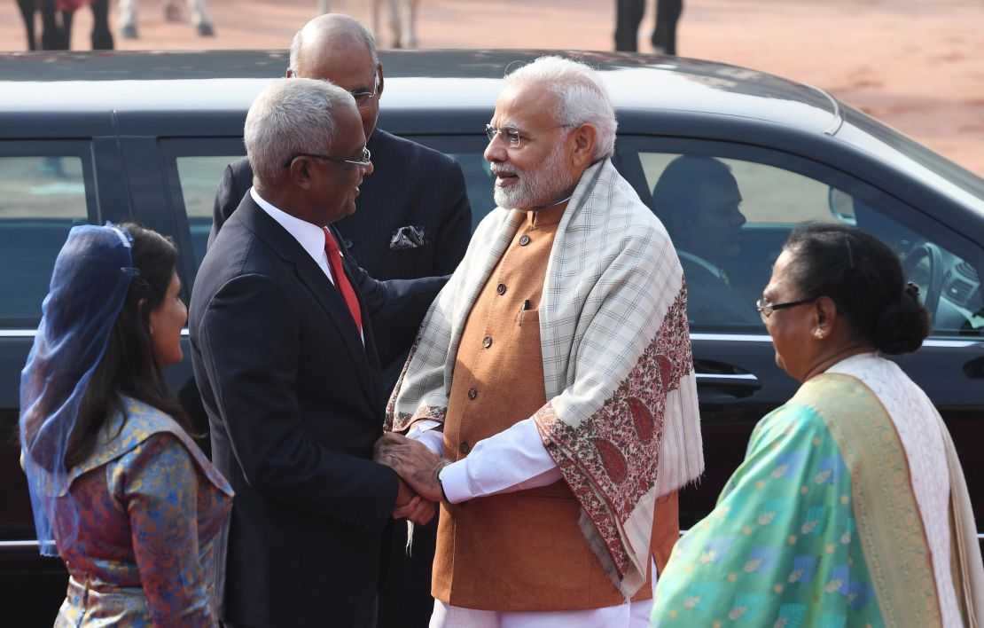 Indian Prime Minister Narendra Modi welcomes Maldives President Ibrahim Mohamed Solih in New Delhi in December 2018.