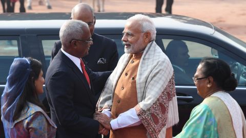 Indian Prime Minister Narendra Modi welcomes Maldives President Ibrahim Mohamed Solih in New Delhi in December 2018.