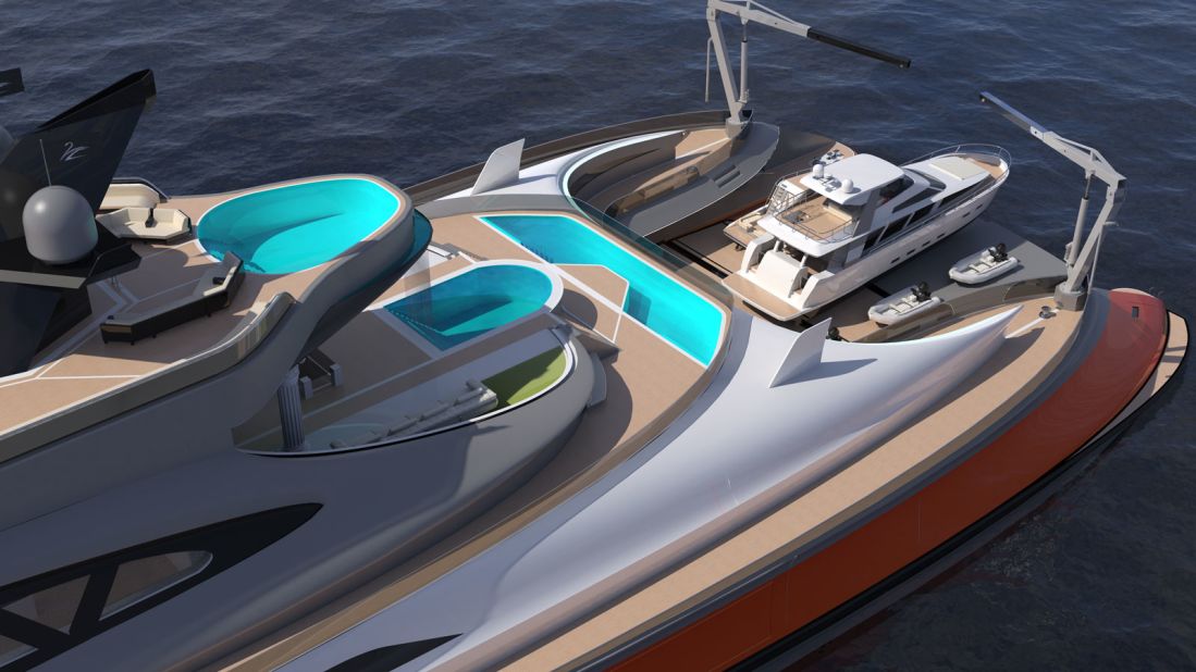 <strong>Onboard amenities: </strong>Made of carbon fiber and aluminum, it's equipped with three large swimming pools and can accommodate around 40 guests.