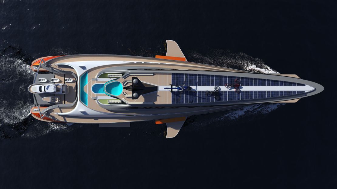 A rendering of Lazzarini Design Studio's latest yacht concept Prodigium, which is shaped like a shark.