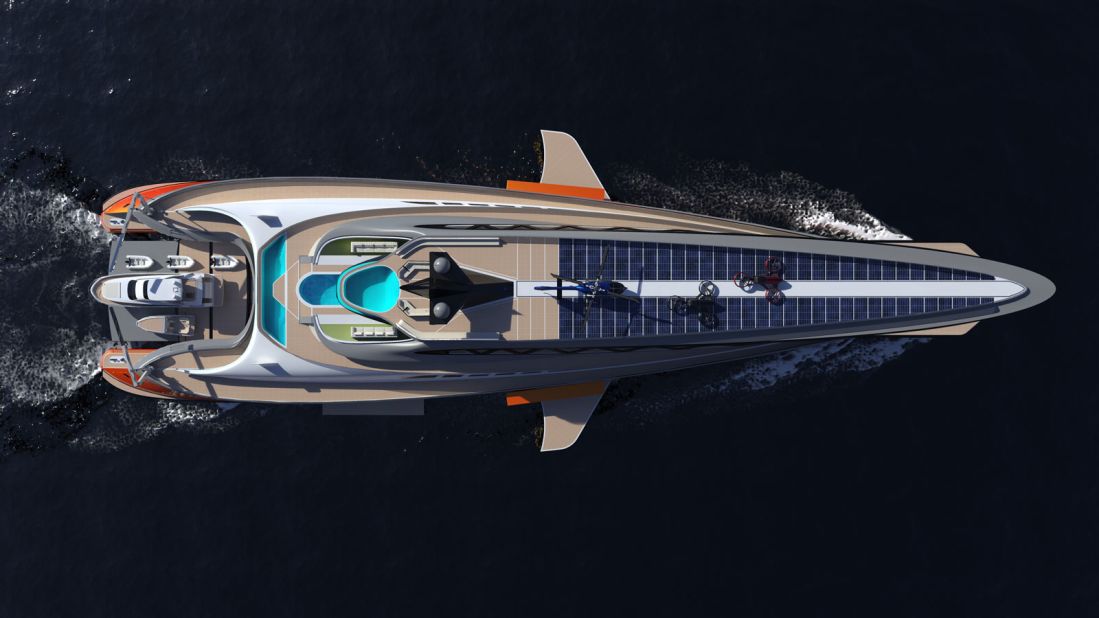 <strong>Spacious vessel: </strong>Made of carbon fiber and aluminum, the 153-meter yacht will feature two huge extendable fins which serve as additional terrace space.