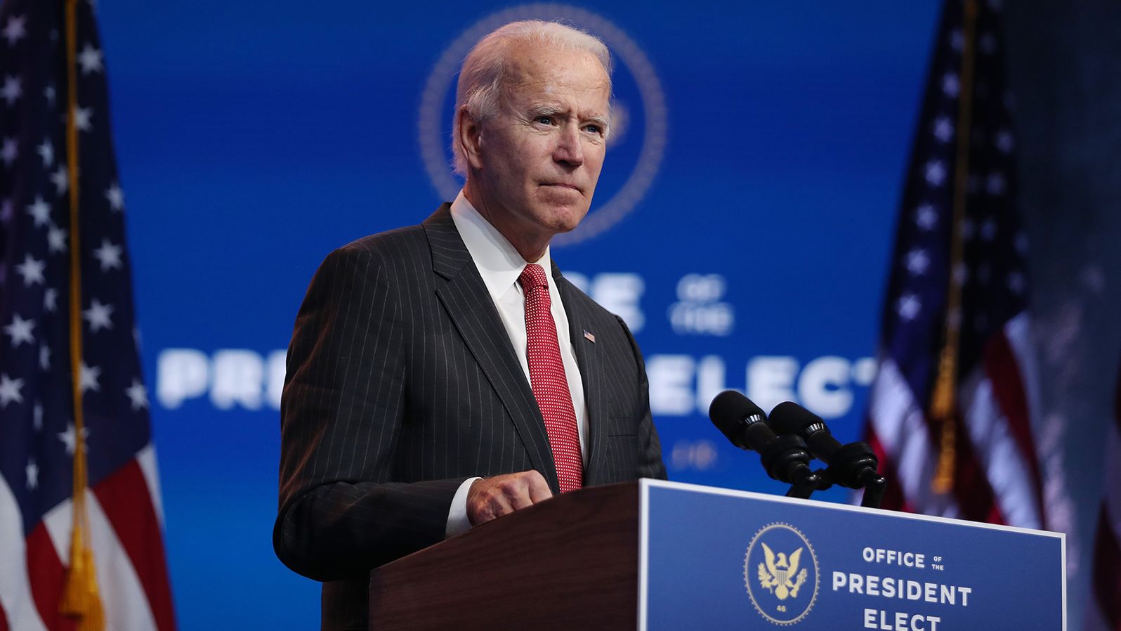 President-elect Joe Biden addresses the media after a virtual meeting with the National Governors Association's executive committee at the Queen theater on November 19, 2020, in Wilmington, Delaware.