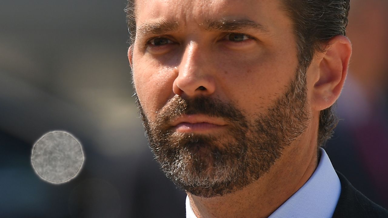Donald Trump, Jr. looks on upon arrival at General Mitchell International Airport, with  US President Donald Trump, in Milwaukee, Wisconsin on July 12, 2019. - Trump will be in Milwaukee to visit an aerospace company and attend a fundraiser. (Photo by MANDEL NGAN / AFP) (Photo by MANDEL NGAN/AFP via Getty Images)