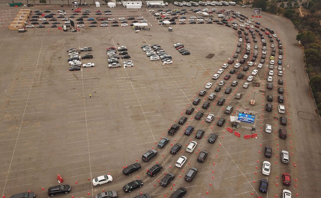 Drivers wait in lines at a Covid-19 testing site at Dodger Stadium in Los Angeles on Wednesday.