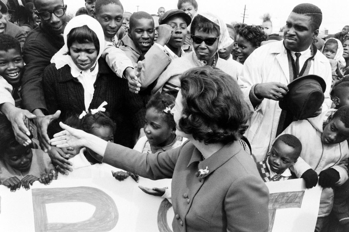 Lady Bird Johnson greets supporters during the "Lady Bird Special" tour.