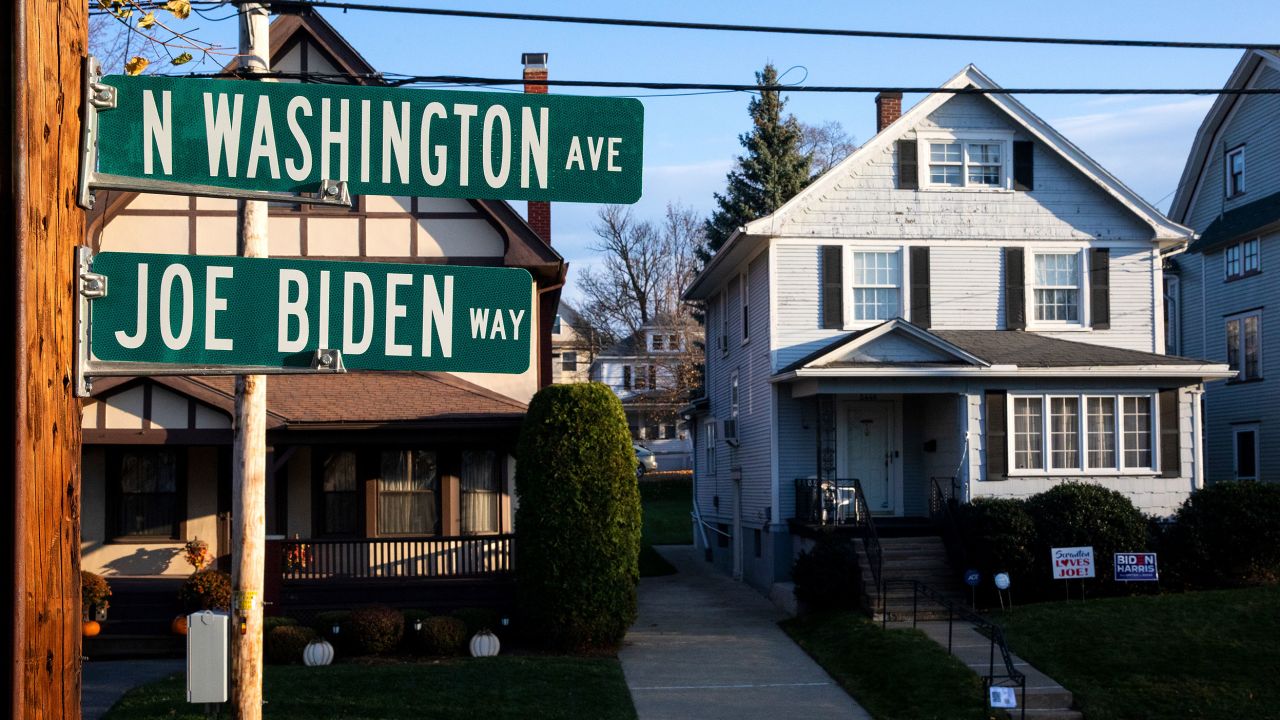 A new street sign at the intersection of North Washington Avenue and Fisk Street across from President-elect Joe Biden's childhood home in the Green Ridge section of Scranton, Pa. reads "Joe Biden Way."