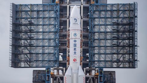 The Long March-5 rocket, with China's new lunar probe Chang'e-5 on top, is seen on the launch pad at the Wenchang Space Launch Center on November 17 in Hainan, China.
