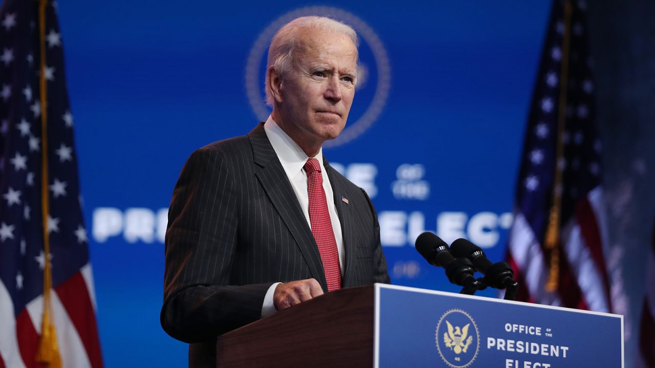 WILMINGTON, DELAWARE - NOVEMBER 19: U.S. President-elect Joe Biden speaks as he addresses the media after a virtual meeting with the National Governors Association's executive committee at the Queen Theater on November 19, 2020 in Wilmington, Delaware. Mr. Biden and his advisors continue the process of transitioning to the White House.  (Photo by Joe Raedle/Getty Images)