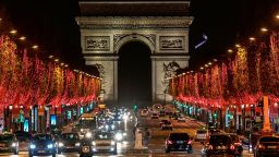 The Champs-Elysees Avenue and the Arc de Triomphe with Christmas lights on November 22.