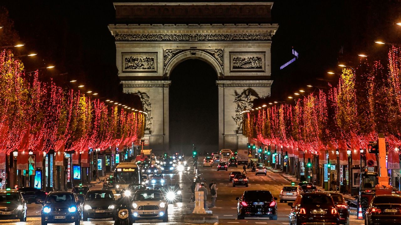 The Champs-Elysees Avenue and the Arc de Triomphe in Paris with Christmas lights on November 22.