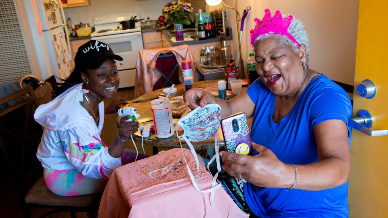 Vicky Blake (right) celebrates her birthday with friends and family on video chat.