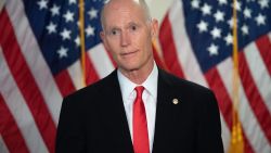 US Senator Rick Scott, Republican of Florida, speaks to the media before the weekly Senate Republican lunch on Capitol Hill in Washington, DC, November 10, 2020. - A week after losing the US election, President Donald Trump remained shut up in the White House on November 10, 2020, pushing an alternate reality that he is about to win and blocking Democrat Joe Biden's ability to prepare the transition.