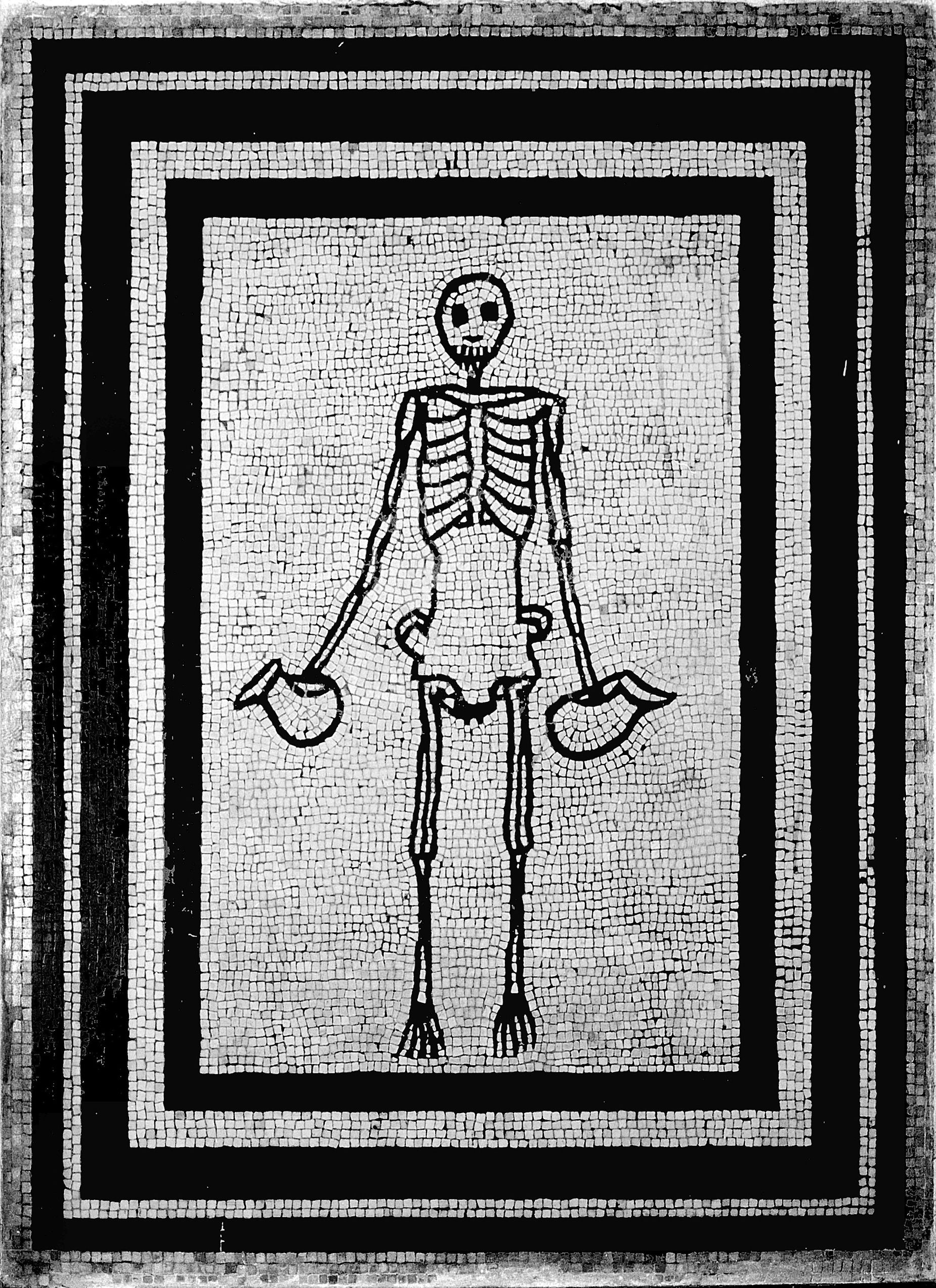 A mosaic of a skeleton from the House of Vestals in Pompeii holding jugs of wine