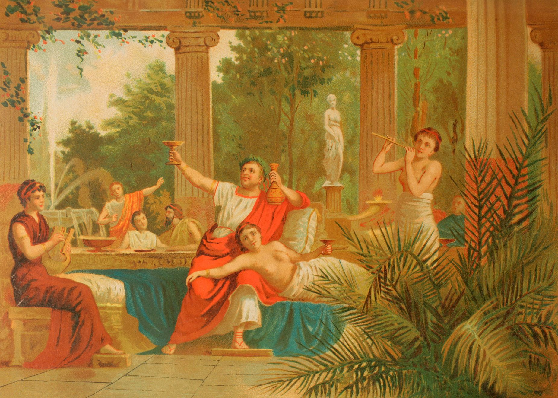 The emperor Nero participating in a bacchanalia, a Roman festival celebrating Bacchus.