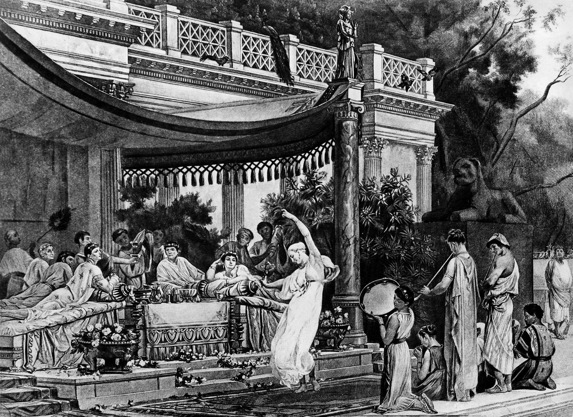 An engraving of a banquet at the house of Lucius Licinius Lucullus from around 80 B.C.