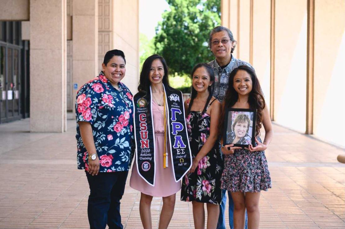 When Tiffany Olega graduated from college in May, her mom wasn't there to celebrate. Intead, her family posed with a framed photo of her. Rosary Castro-Olega, a nurse, died in March after contracting coronavirus.